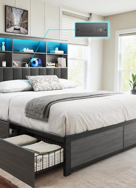 Queen Bed Frame with Storage Headboard, Wood Construction with High Storage Bookcase, Four Drawers, LED Lighting, and Charging Station, No Box Spring Required, Noise-Free, All-Metal Support, Rustic Grey Finish