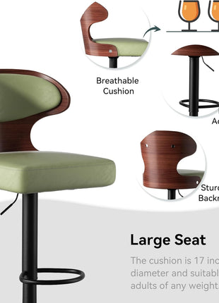 Set of 2 Adjustable Height Bentwood Swivel Bar Stools with Backrest and Footrest - Green PU Leather Upholstered Dining Chairs (24.5-33.5 IN)