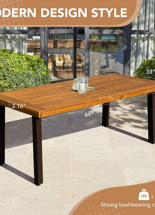 Acacia Wood Dining Table for Six with Iron Legs, Sandblasted Finish, Natural Stain, Rustic Metal Accents - 69 x 33 x 30 Inches (Natural)