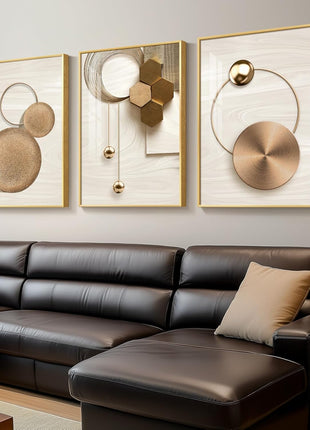 Large Framed Modern Luxury Gold Wall Art Set - 3-Piece Bright Style Art Prints for Living Room, Bronze Gold Geometric Artwork for Hallway, Staircase, and Office Decor - 24x36 Inches