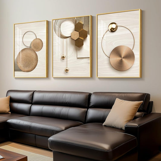 Large Framed Modern Luxury Gold Wall Art for Living Room, 3 Piece Bright Style Art Prints Paintings Artwork for Walls, Bronze Gold Geometric Pictures for Hallway Stair Office Wall Decor 24X36 In