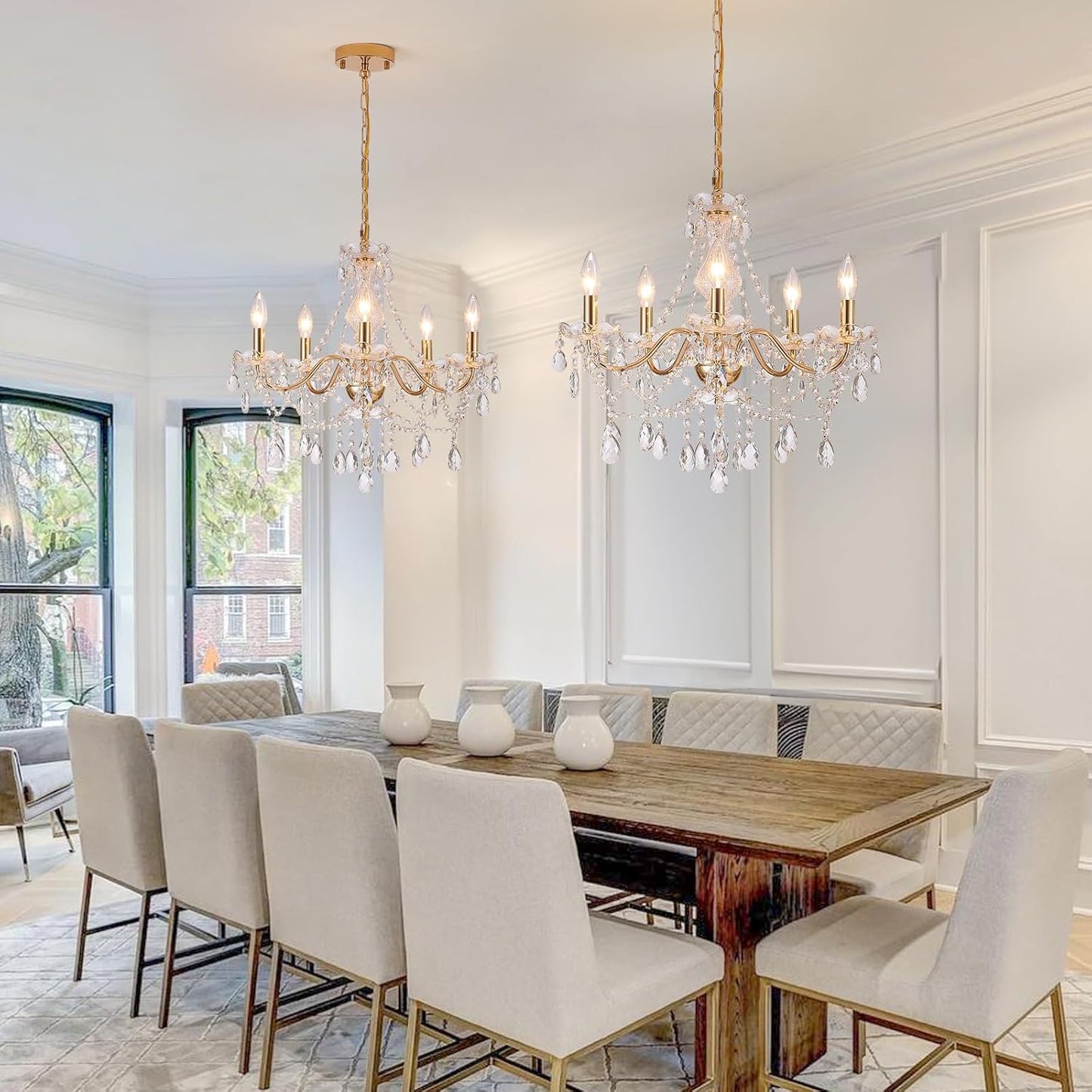 Crystal Gold Chandelier, Glass Crystal Hanging Pendant Lighting, 5 Light French Country Gold Crystals Chandelier for Ceiling Medallions,Wedding,Dining,Kitchen, Foyer,Dia 20'' Golden