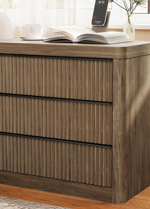 Set of 2 Fluted Nightstands with Charging Station, 3-Drawer Storage End Tables in Grey Alder for Bedroom and Living Room