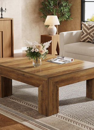 39.4-Inch Square Coffee Table - Farmhouse-Style MDF Accent Table with Durable Wooden Legs and Simple Assembly in Rustic Brown