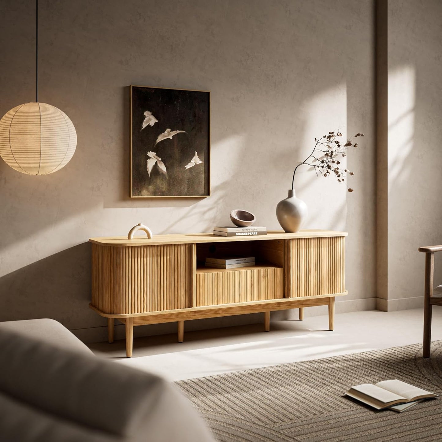 Modern TV Stand for 45/55/70 Inch TV, Entertainment Center with Sliding Doors and Storage, Wood TV Stand for Bedroom, Living Room, Natural