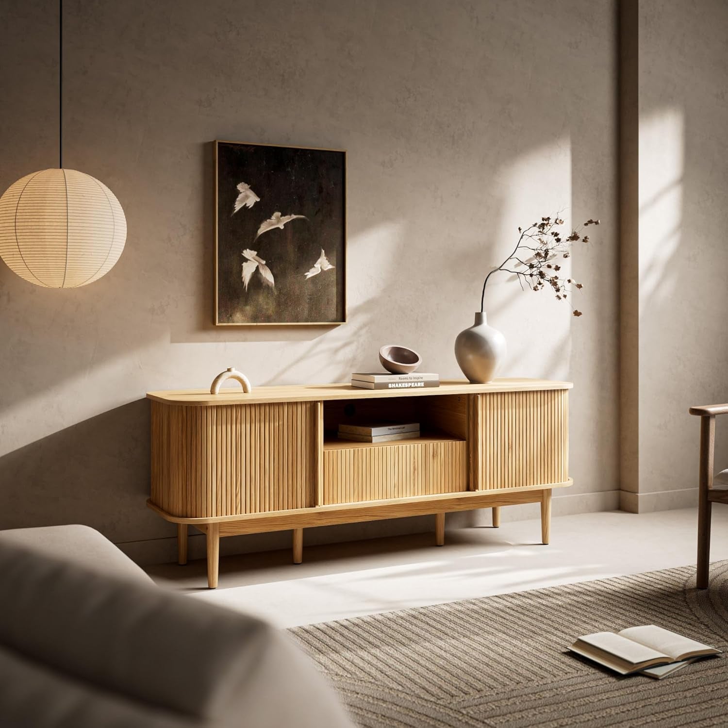 Modern TV Stand for 45/55/70 Inch TV, Entertainment Center with Sliding Doors and Storage, Wood TV Stand for Bedroom, Living Room, Natural