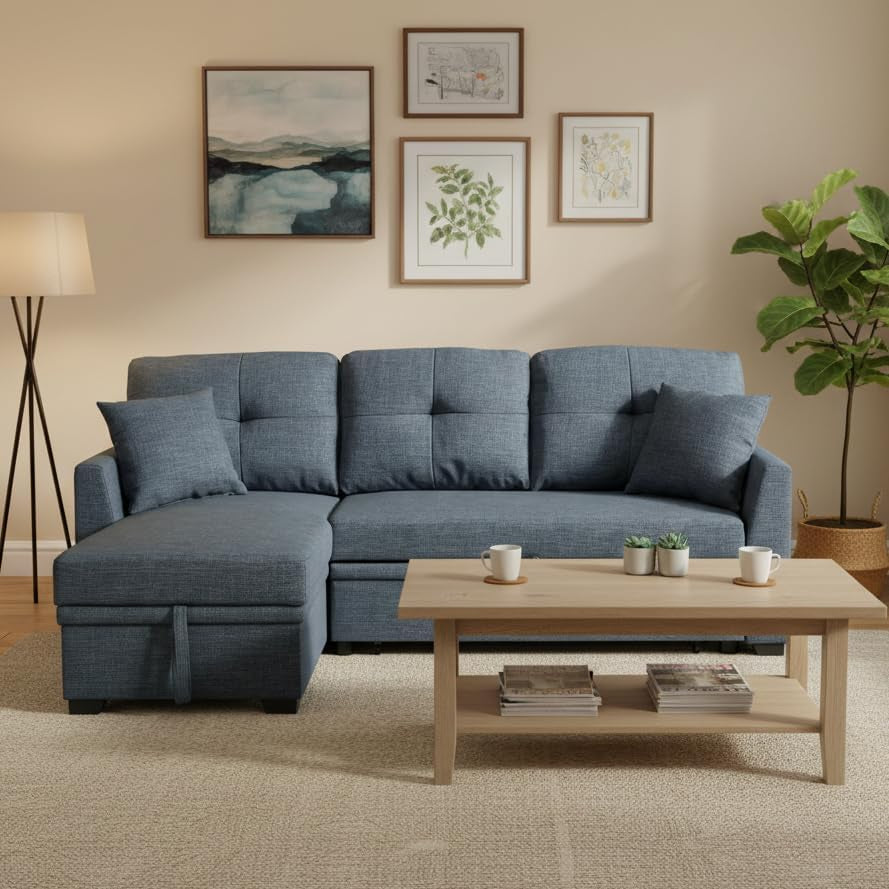 Sectional Sleeper Sofa with Pull Out Bed, L Shape Convertible Linen Couch with Storage Chaise, 2 in 1 Pull Out Sofa Bed with 2 Seats, for Living Room, Apartment, Dark Blue