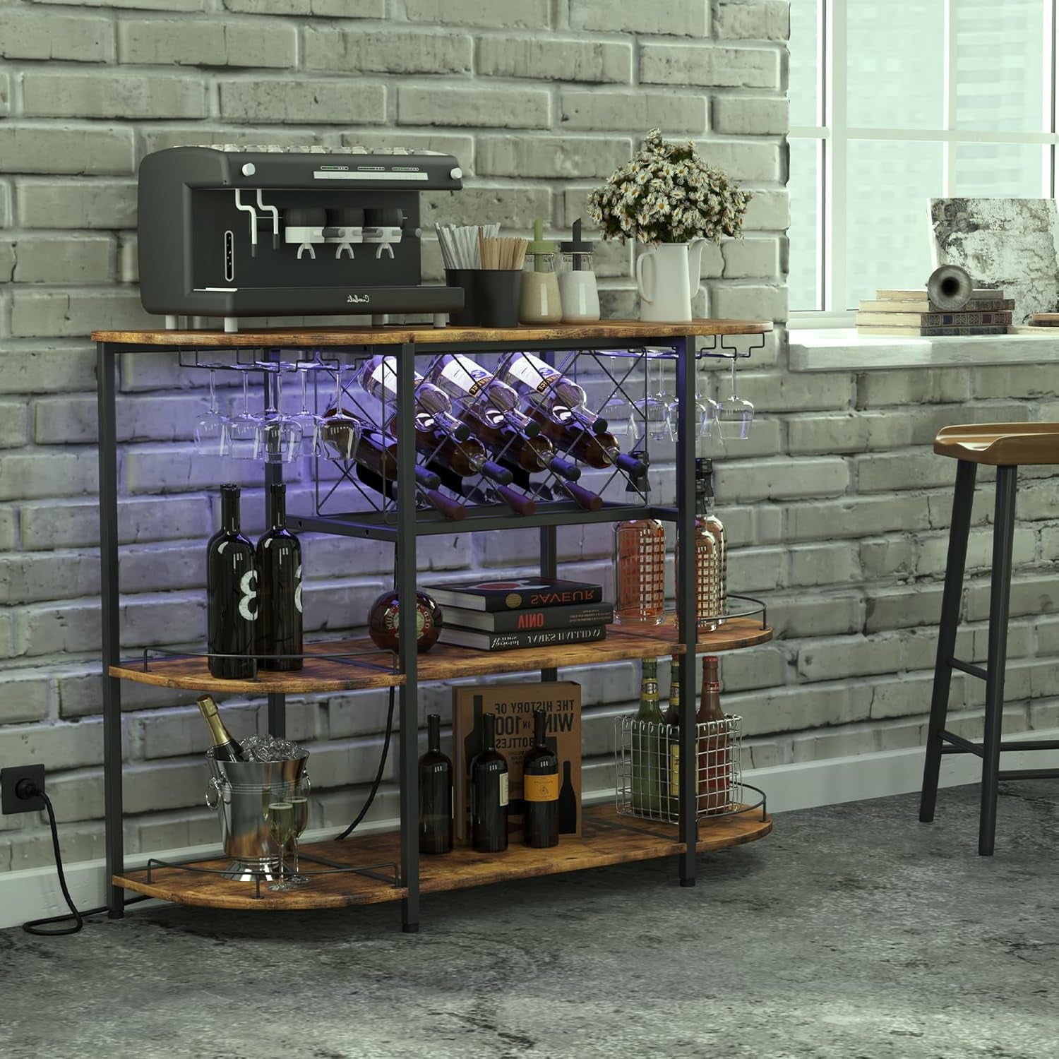 Wine Cabinet Bar Cart Table with Power Socket and LED Light, Three Tiers Coffee Bar Table Wine Rack Liqour Bar with Large Storage for Home Kitchen (Retro Brown)