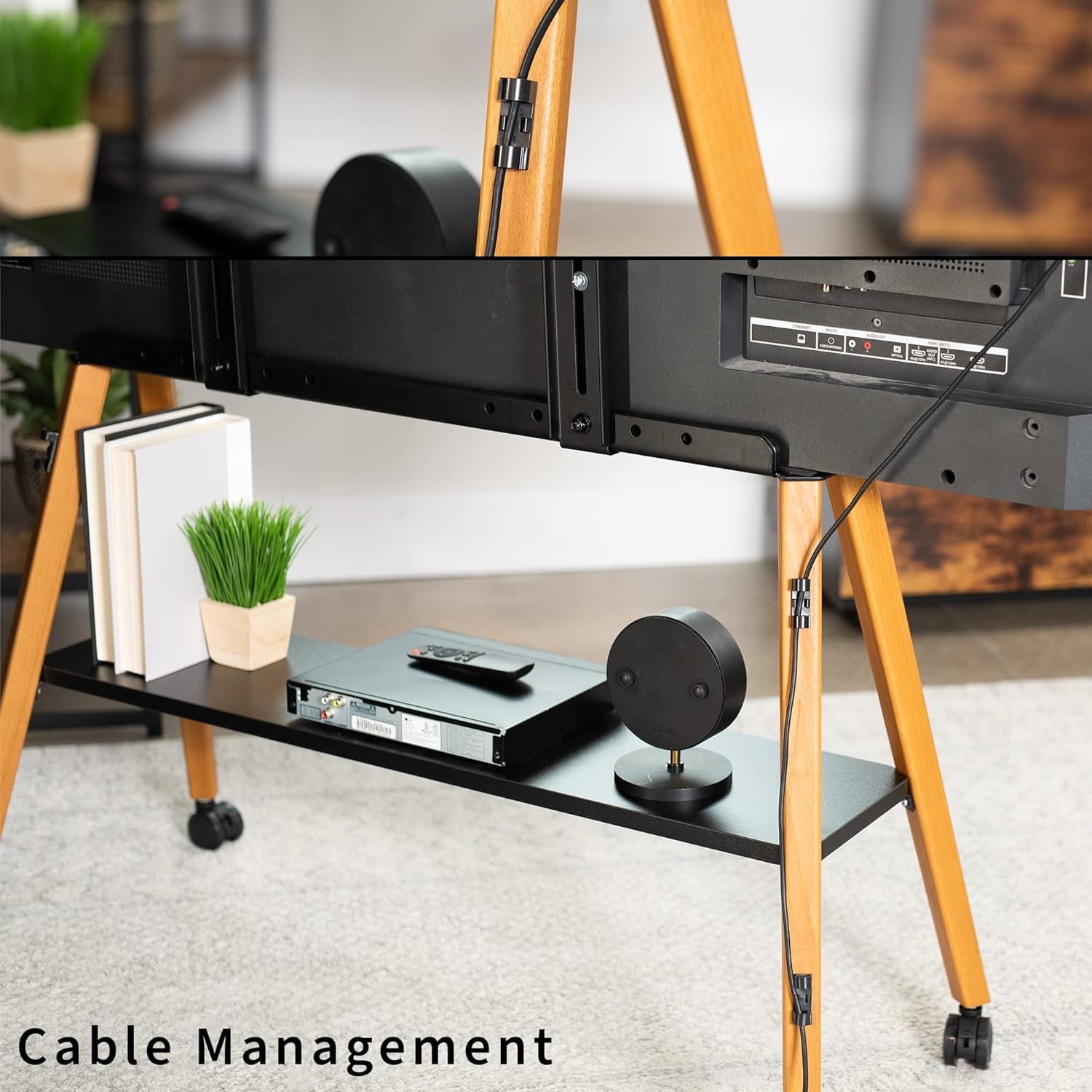 Rolling Artistic 43 to 75 Inch LED LCD Screen Mobile Studio TV Easel Stand, Wood Accessory Shelf, Adjustable TV Mount with 4 Walnut Legs, Black Frame, STAND-TV75R