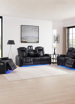Black Leather Power Recliner Sofa with Arm Storage, Power Headrest, and Wireless Charging - Luxurious Living Room Couch with Cup Holders, Breathable Material, LED Lighting, Hidden Outlet, USB, and Type-C Ports
