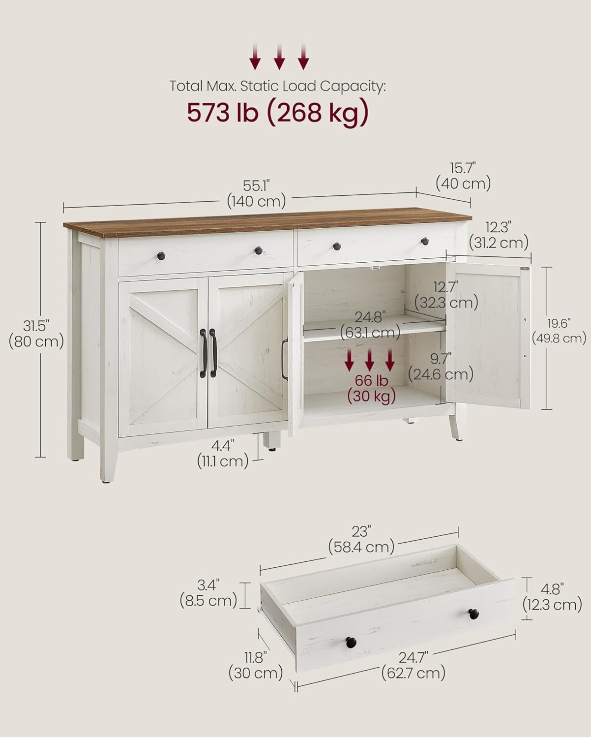 LIRY Collection - Buffet Cabinet, Coffee Bar Cabinet with 2 Drawers, Adjustable Shelves, Sideboard Storage with Cable Holes, Drawer Dividers, Rustic White and Honey Brown UBBK381W01