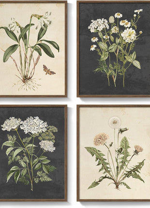 Framed Botanical Wall Art Set - 4-Piece Rustic Floral Canvas Prints for Home Decor in Various Living Spaces