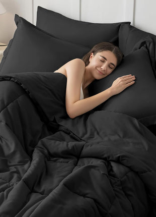 Queen Size 7-Piece Ultra-Soft Comforter Set, Oeko-Tex Certified Bedding Ensemble with Down Alternative Comforter, Sheets, Pillowcases, and Shams in Black