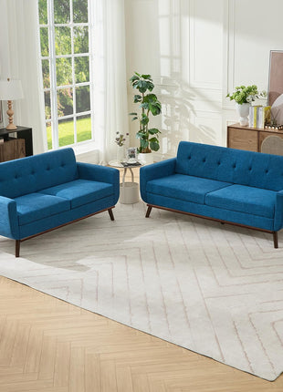 Mid-Century Modern Living Room Sofa Set - Button-Tufted Loveseat and Couches in Blue Linen Fabric with Solid Wood Feet and Pocket Spring Support