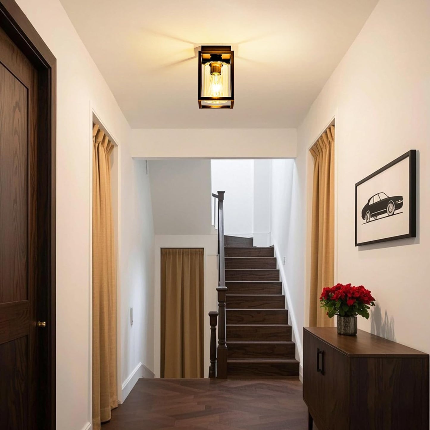 Flush Mount Ceiling Light Fixture with Clear Glass Shade, Farmhouse Black Metal Frame Light Fixture for Kitchen Island Entryway Porch Foyer Dining Room, E26 Ceramic Base