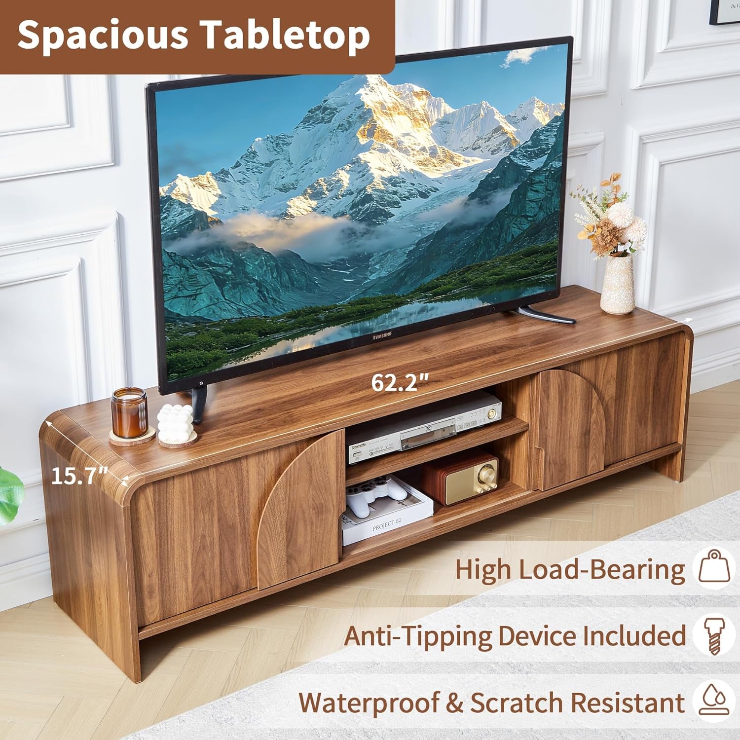 63'' TV Stand for up to 75" Tvs,Mcm TV Console Table with Big Arched Handle,Television Stands Entertainment Media Center with Sliding Door for Living Room Bedroom (Walnut)