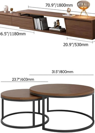 Extendable Walnut TV Stand with Three Drawers - Minimalist Rectangle Entertainment Center for TVs up to 110 inches