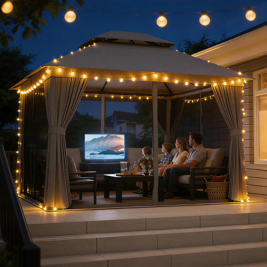 Outdoor Gazebo for Patio 10X12, Metal Frame Canopy with Double Roofs, Heavy Duty Party Tent and Shelter with Mosquito Netting and Privacy Screen for Backyard, Lawn, Garden, Deck