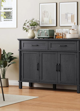 48-Inch Farmhouse Buffet Cabinet with Storage, Featuring 2 Drawers and 3 Doors, Wood Coffee Bar Cabinet with Adjustable Shelves for Kitchen and Living Room, Black Finish