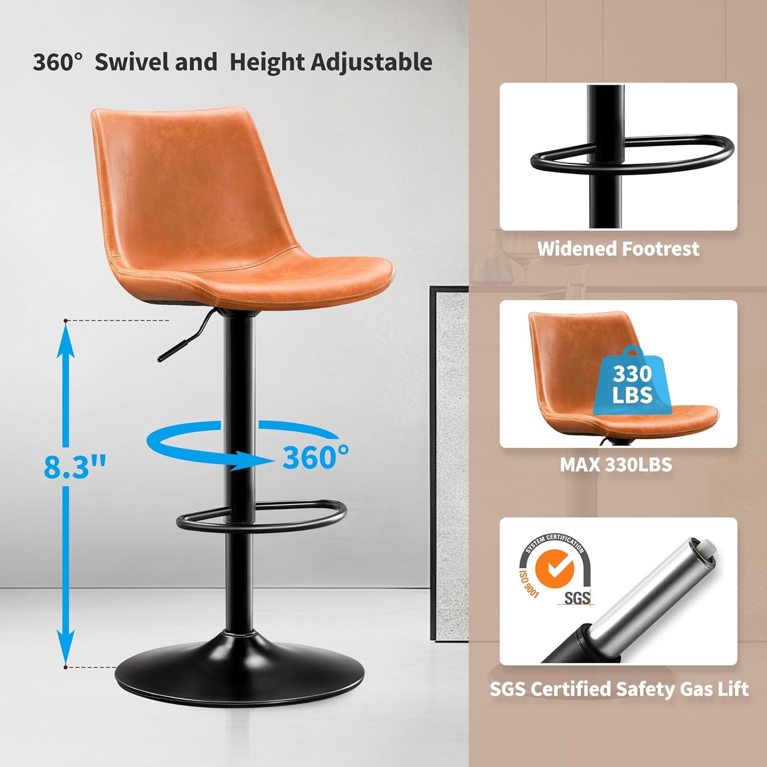 Vintage Bar Stool Height Adjustable Crazy Horse Leather Bar Chair X-Large Base and Seat Bar Stools, Ergonomic Bistro Stool with Footrest for Kitchen Dining Bistro Pubx Set of 2 Whisky Brown