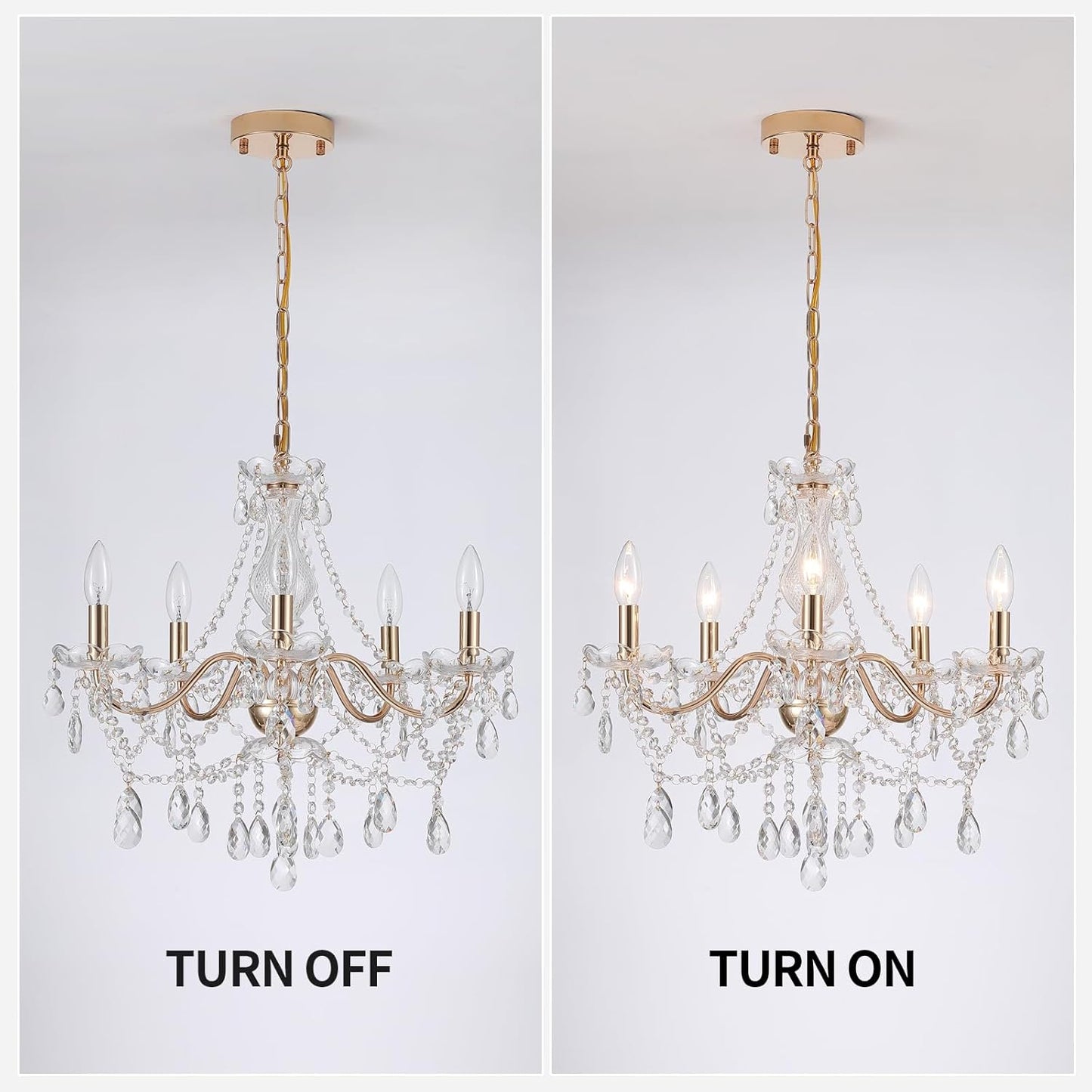 Crystal Gold Chandelier, Glass Crystal Hanging Pendant Lighting, 5 Light French Country Gold Crystals Chandelier for Ceiling Medallions,Wedding,Dining,Kitchen, Foyer,Dia 20'' Golden