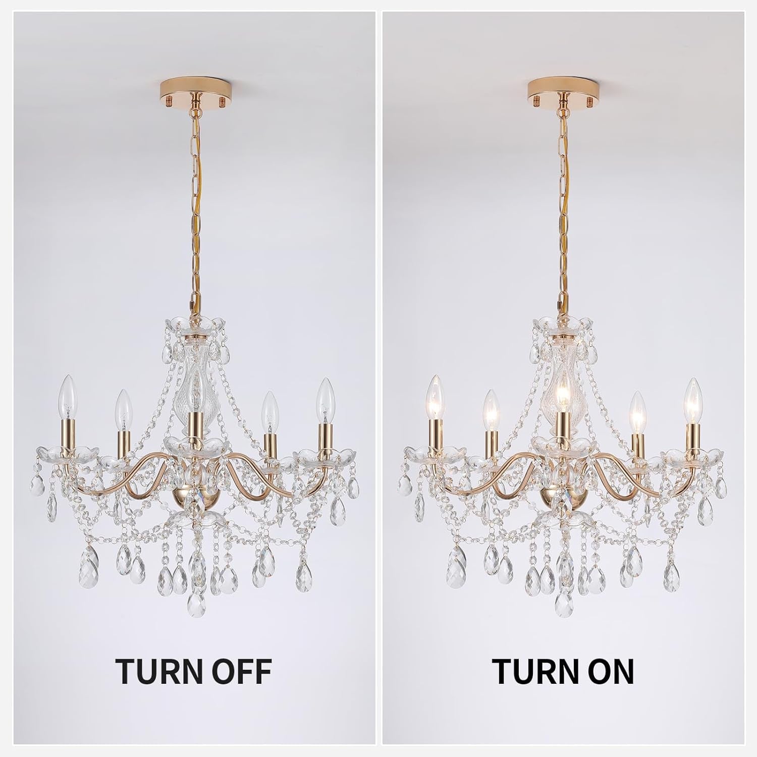 Crystal Gold Chandelier, Glass Crystal Hanging Pendant Lighting, 5 Light French Country Gold Crystals Chandelier for Ceiling Medallions,Wedding,Dining,Kitchen, Foyer,Dia 20'' Golden