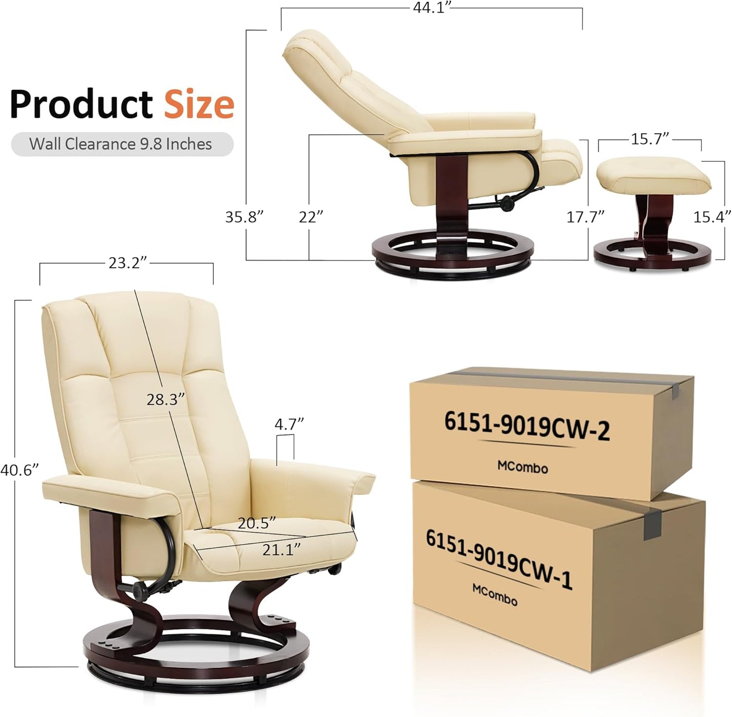 Manual Swivel Recliner with Ottoman, Chair Ottoman Set for RV Small Spaces, Living Room, Bedroom, Office 9019 4919 (Faux Leather, Cream White)