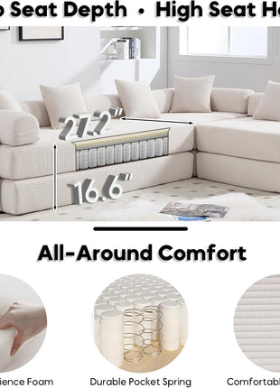 Luxurious Oversized Modern Corduroy L-Shaped Sleeper Sofa with Storage and Pillows in Beige and White
