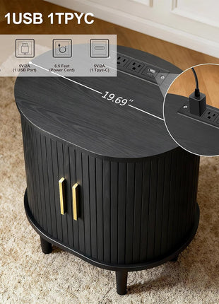 Mid-Century Modern Nightstand Set of 2 with Integrated Charging Station, Fluted Accent Side Table with Sliding Door and Adjustable Shelf, Perfect for Compact Living Room or Bedroom Spaces, Black