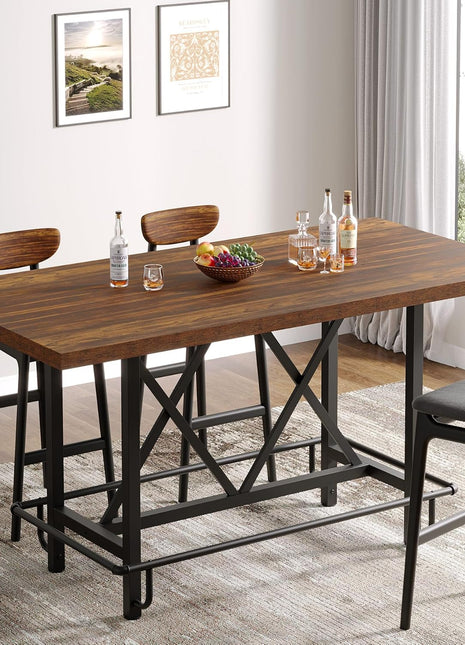 Industrial 63-Inch Rectangular Wood Dining Table with Metal Footrest and Sturdy Frame for Dining Room and Home Bar (Brown)