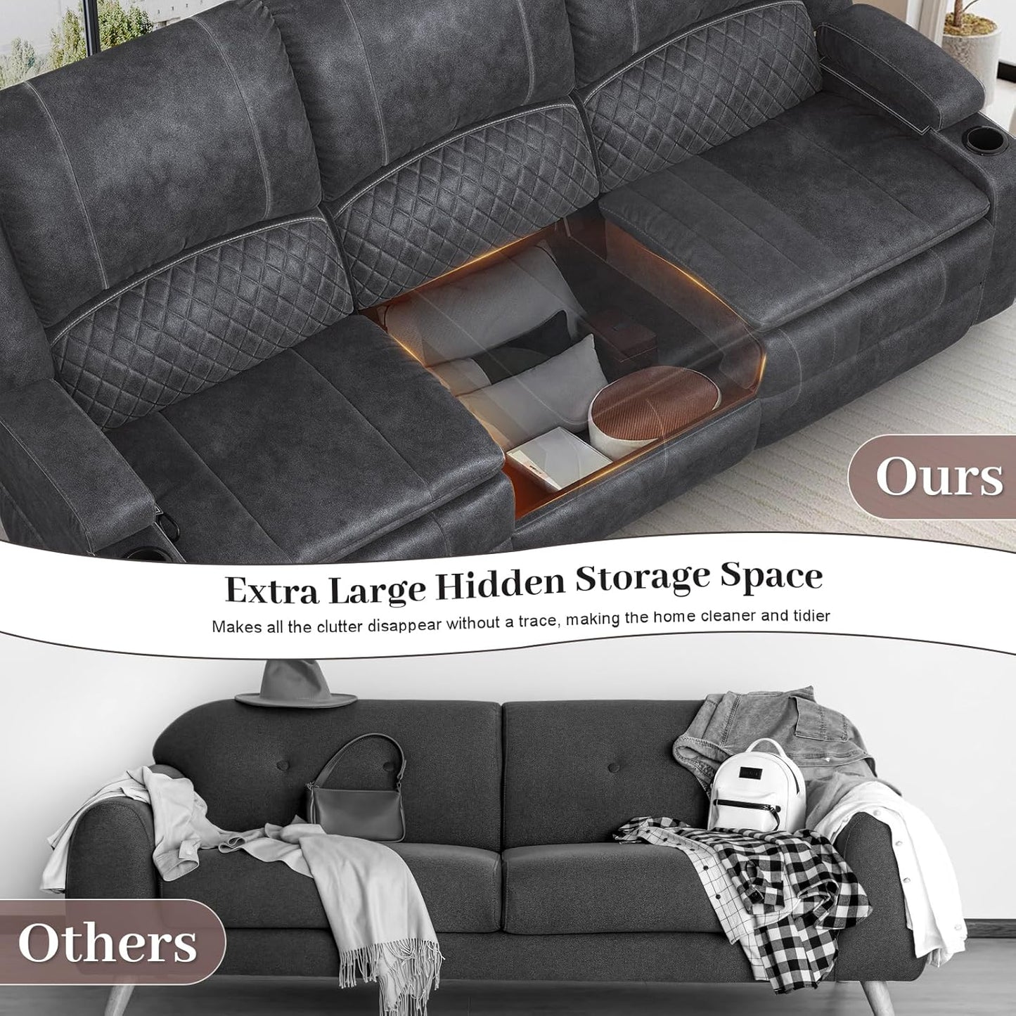 3-Seater Recliner Sofa, Manual Reclining Couch with Multi-Functional Middle Seat, Reclining Sofa for Living Room with Hidden Storage Space, Cup Holders, and Removable Console - Velvet Grey