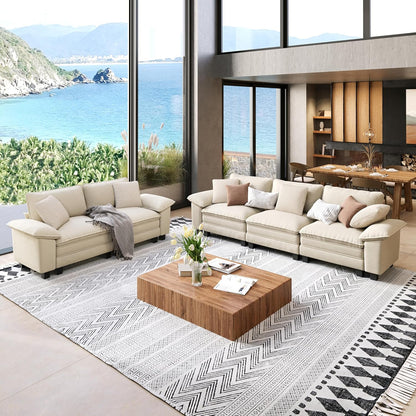 Sofa and Loveseat Set, Oversized Chenille Modular Love Seat and 3-Seat Couch with Pillows, 2 Piece Modern Cloud Sectional Deep Seat Sofa Furniture Set for Living Room, Beige