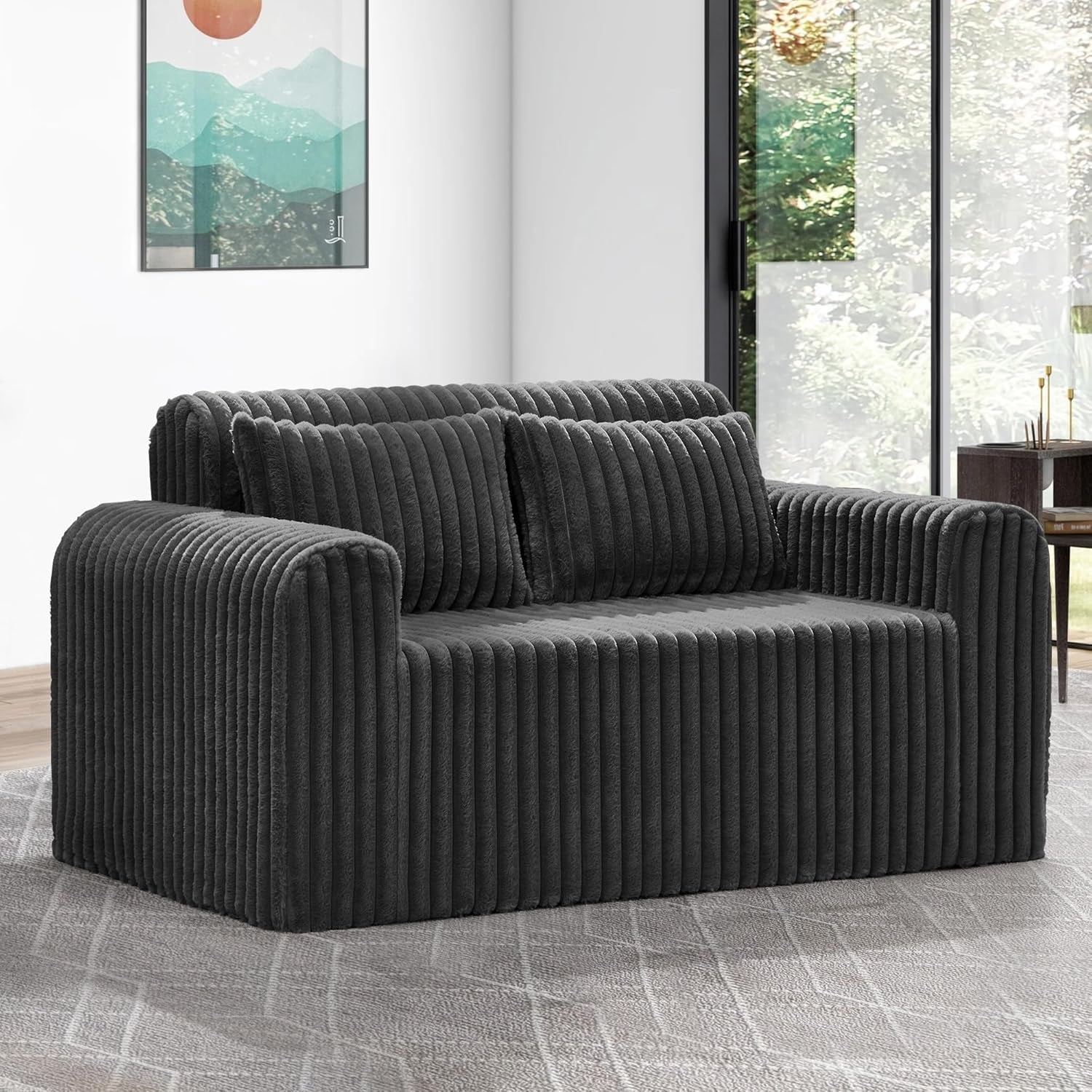Couch Sofa 2-Seater Foam Sofa Loveseat for Small Spaces Comfy Sofas with Removable Cover Furry Couch with Pillows for Living Room, Bedroom, Apartment, Office (Black, Loveseat)
