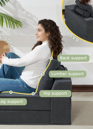 Convertible 4-in-1 Folding Sofa Bed with Memory Foam Mattress and Support Pillow - Modern Futon Chair for Living Room, Apartment, and Guest Use in Black Grey