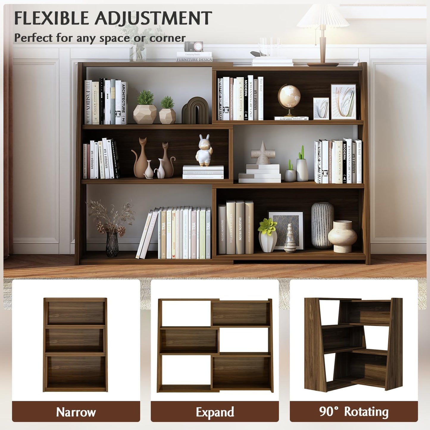 Wooden Extendable Shelf Bookcase - 3-Tier Ladder Low Short Bookshelf for Small Space or Corner, Dark Walnut, L