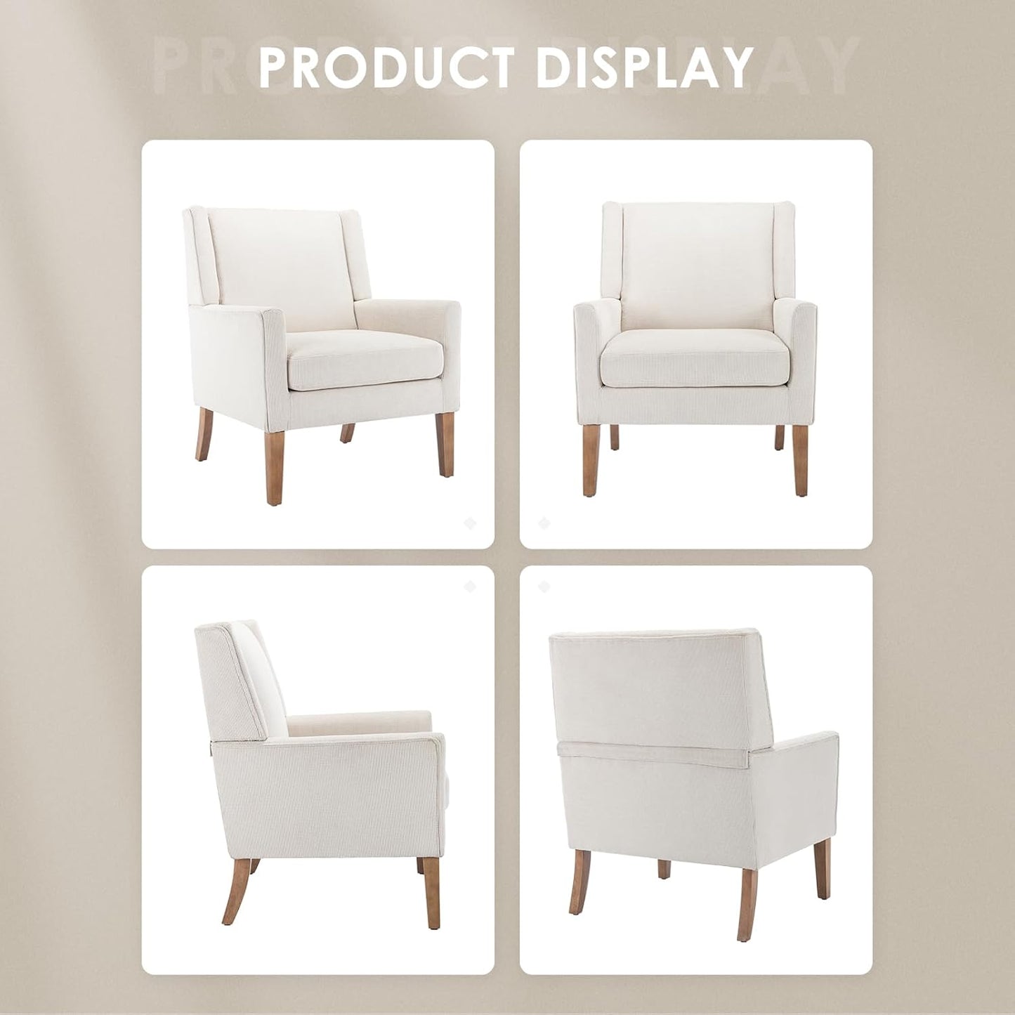 Modern Wingback Living Room Chair, Upholstered Fabric Accent Armchair, Single Sofa Chair with Lounge Seat and Wood Legs for Office/Bedroom/Reading Spaces, Beige