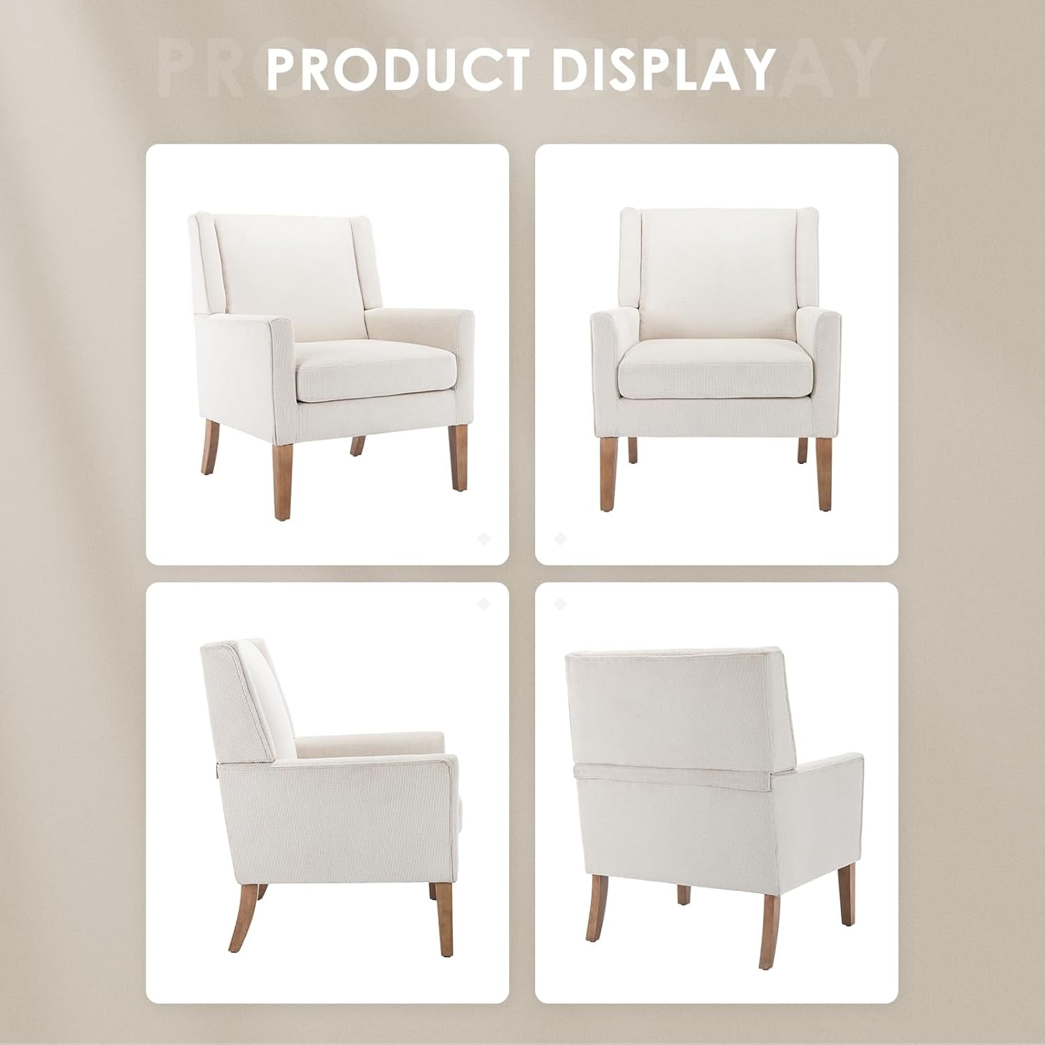 Modern Wingback Living Room Chair, Upholstered Fabric Accent Armchair, Single Sofa Chair with Lounge Seat and Wood Legs for Office/Bedroom/Reading Spaces, Beige