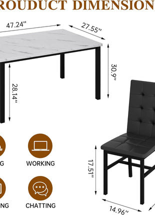 Contemporary Faux Marble Dining Table Set for Four with Leather Chairs - Stylish Kitchen Furniture for Compact Spaces (White & Black)
