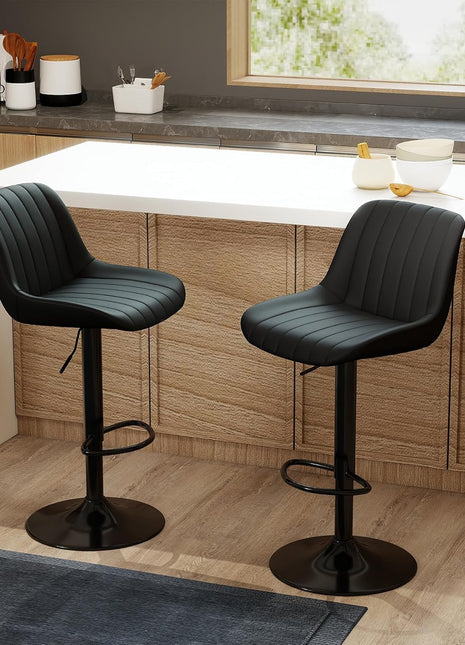 Set of 2 Adjustable Swivel Counter Height Bar Stools with Backrest, Armless PU Leather Kitchen Island Chairs in Black