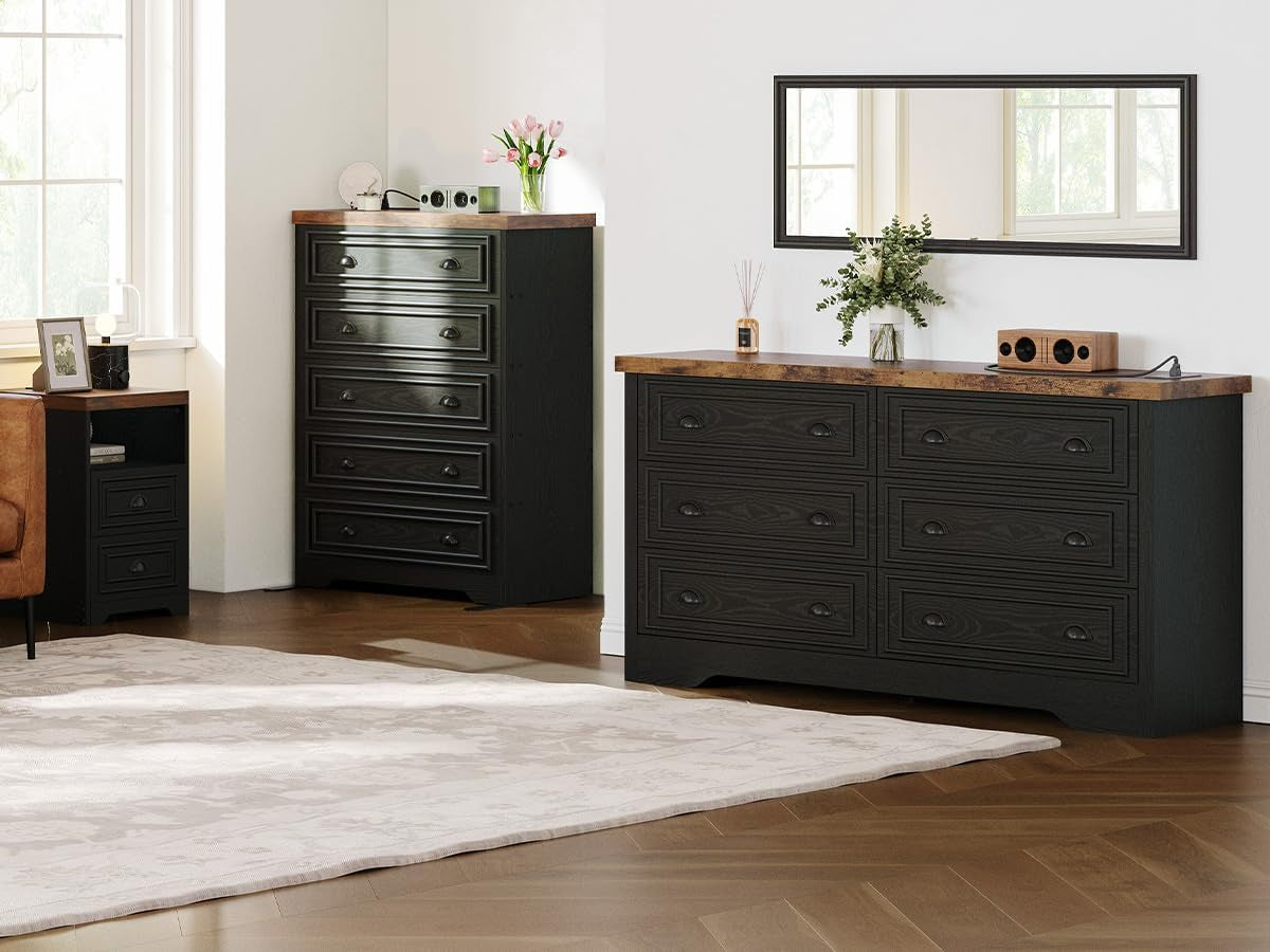 Farmhouse Bedroom Set, Power Strip, 4 Pieces Bedroom Furniture Set, 5 Drawer Dresser & 6 Drawer Dresser and 2 Nightstands, Chest of Drawers Wide Storage Cabinet for Bedroom, Black