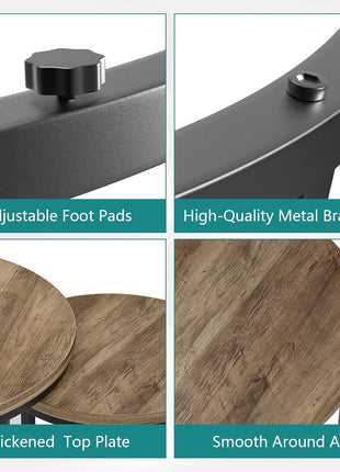 Set of 2 Round Nesting Coffee Tables with 23.6" Wood Grain Top and Adjustable Non-Slip Feet, Industrial Style End Tables for Living Room, Bedroom, Balcony, and Outdoor Use