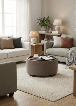 30-Inch Round Storage Ottoman Coffee Table, Modern Boucle Design with Lift-Off Lid and Solid Wood Legs for Living Room, Bedroom, and Apartment Use (Brown)