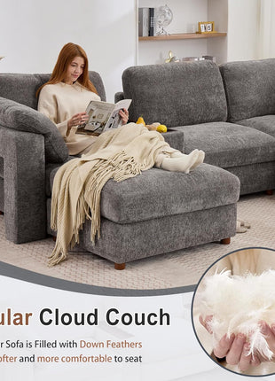 Luxurious Grey Oversized Modular L-Shaped Sectional Sofa with Integrated Side Tables and Storage - Plush Sleeper Couch for Ultimate Comfort (7-Seater with 2 Ottomans)