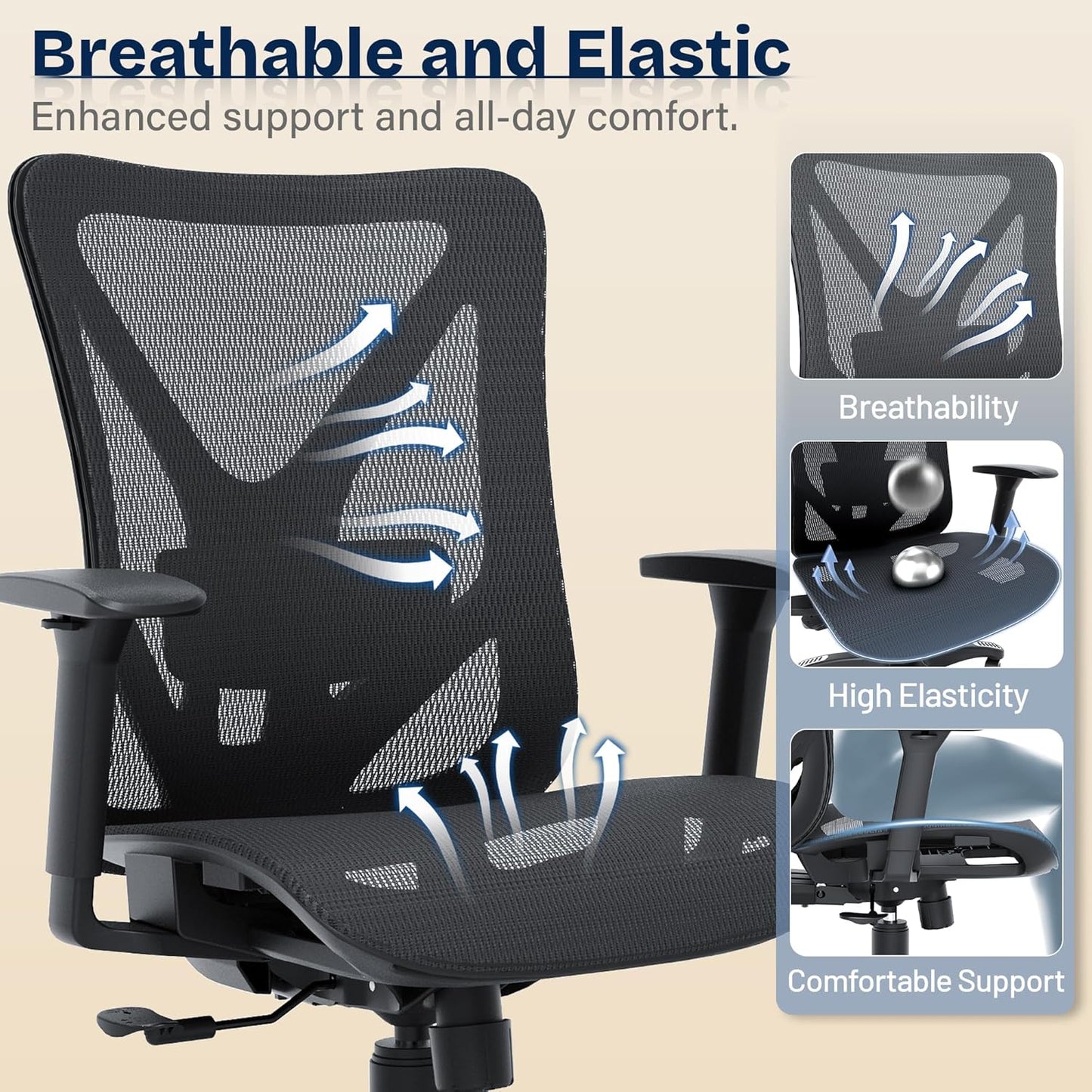 Ergonomic Office Chair, Mesh Computer Desk Chairs with Adjustable Lumbar Support, 3D Armrests, Tilt Function, Comfy Wide Seat, Swivel Executive Work Task Chair for Company and Home