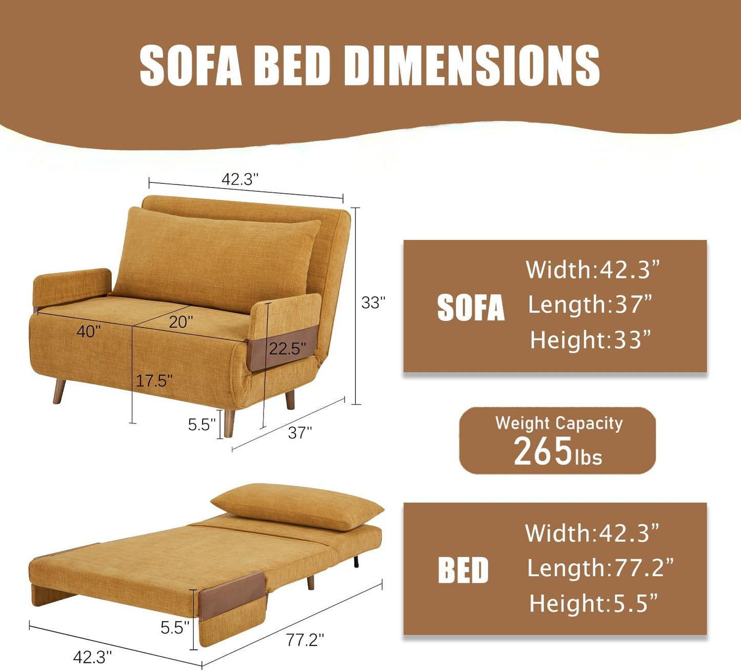 3 in 1 Sleeper Chair Bed, Foldable Convertible Chair with Armrest, Thickened Cushion and Sponge, OTE Fabric, Adjustable Backrest Upholstered Accent Sofa for Apartment/Bedroom/Office - Orange Brown