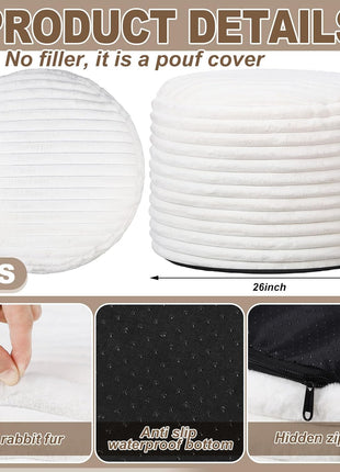 Set of 2 Unstuffed Pouf Covers - 26 x 18 Inch Faux Rabbit Fur Ottoman Foot Rest for Living Room and Bedroom Decor (Beige)