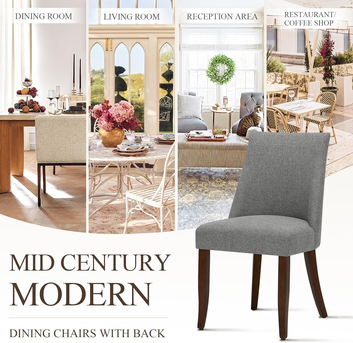 Upholstered Dining Chairs Set of 4, Mid Century Modern Kitchen Chairs with Back, Farmhouse Fabric Side Dining Room Chairs with Wood Legs for Dining Room Restaurant, Light Grey