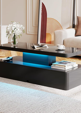 Contemporary 40-Inch LED-Illuminated Rectangular Coffee Table with Dual Tiers and Ample Storage, High Gloss Wooden Finish, Ideal for Living Room, Bedroom, and Office, Black