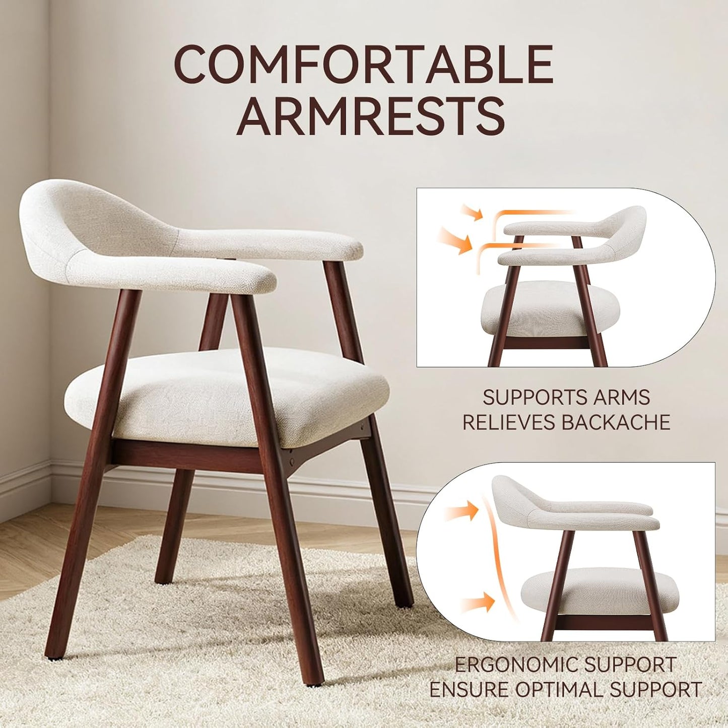 Wooden Dining Chair with Armrest Set of 4, Modern Fabric Upholstered Dining Room Chair with Curved Back and Wood Legs,Comfortable Accent Chairs for Kitchen Dining Room,Beige