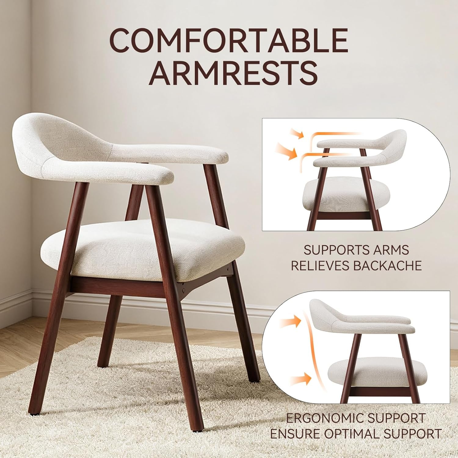 Wooden Dining Chair with Armrest Set of 4, Modern Fabric Upholstered Dining Room Chair with Curved Back and Wood Legs,Comfortable Accent Chairs for Kitchen Dining Room,Beige